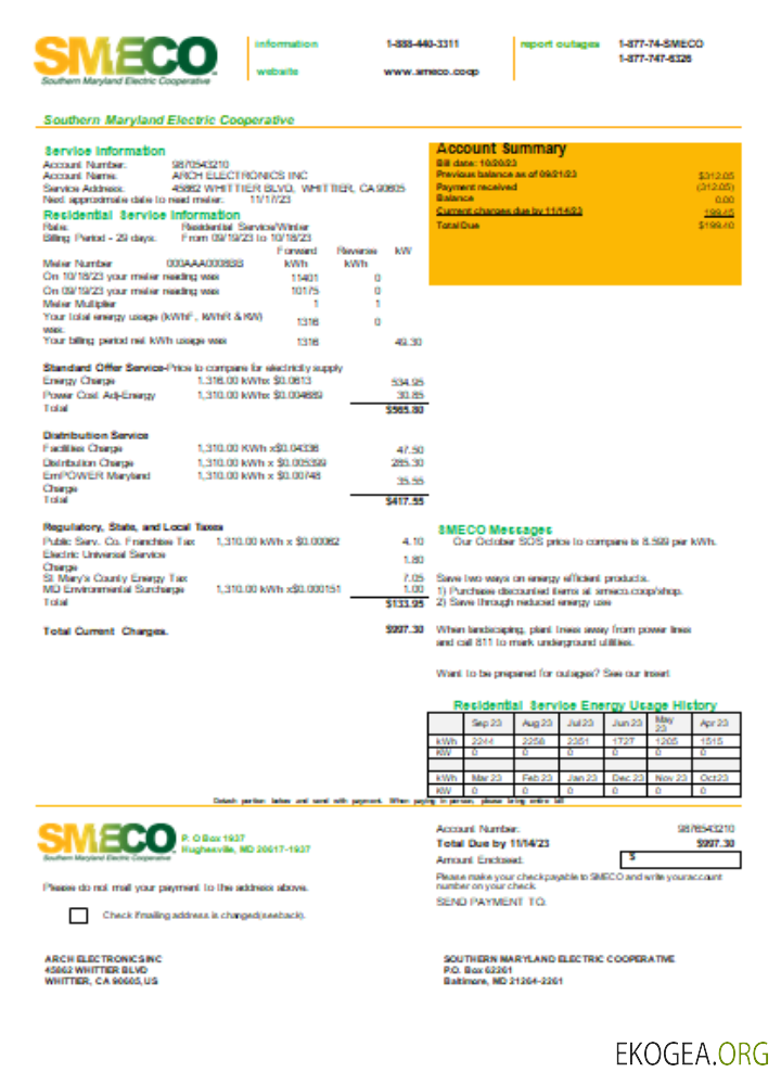 Southern Maryland Electric Cooperative   Facture commerciale de services publics SMECO, SCR
